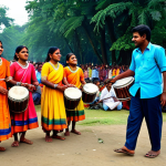 Village Festival**

"A vibrant village scene during a Durga Puja festival in rural Bengal, India. Traditional folk dances with musicians playing drums (dhak), people in colorful, modest clothing, a bustling fair with stalls selling handicrafts and local food. Safe for work, appropriate content, fully clothed, family-friendly, perfect anatomy, correct proportions, natural pose, high quality."

**
