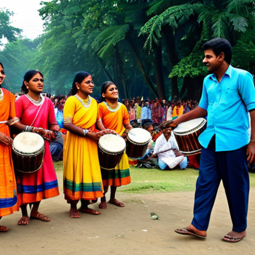 Village Festival**

"A vibrant village scene during a Durga Puja festival in rural Bengal, India. Traditional folk dances with musicians playing drums (dhak), people in colorful, modest clothing, a bustling fair with stalls selling handicrafts and local food. Safe for work, appropriate content, fully clothed, family-friendly, perfect anatomy, correct proportions, natural pose, high quality."

**