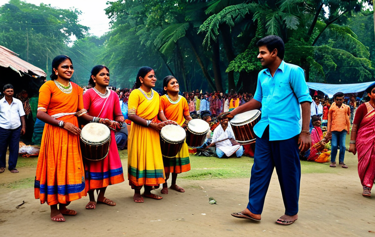 Village Festival**

"A vibrant village scene during a Durga Puja festival in rural Bengal, India. Traditional folk dances with musicians playing drums (dhak), people in colorful, modest clothing, a bustling fair with stalls selling handicrafts and local food. Safe for work, appropriate content, fully clothed, family-friendly, perfect anatomy, correct proportions, natural pose, high quality."

**
