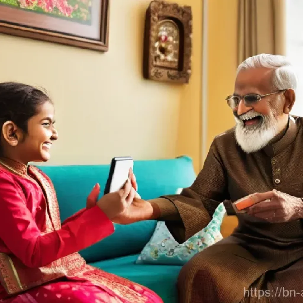 문화와 기술 - **"Digital Festivities: A Modern Bangladeshi Celebration"**
    A vibrant, medium shot capturing a j...