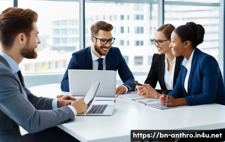 문화 간 커뮤니케이션 - **Prompt 1: Intercultural Workplace Harmony**
    A vibrant, modern office environment bustling with...