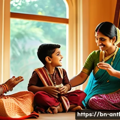 Home 15 문화적 전통의 변화 - A vibrant traditional Bengali family scene inside a warmly lit home, elders lovingly teaching childr...