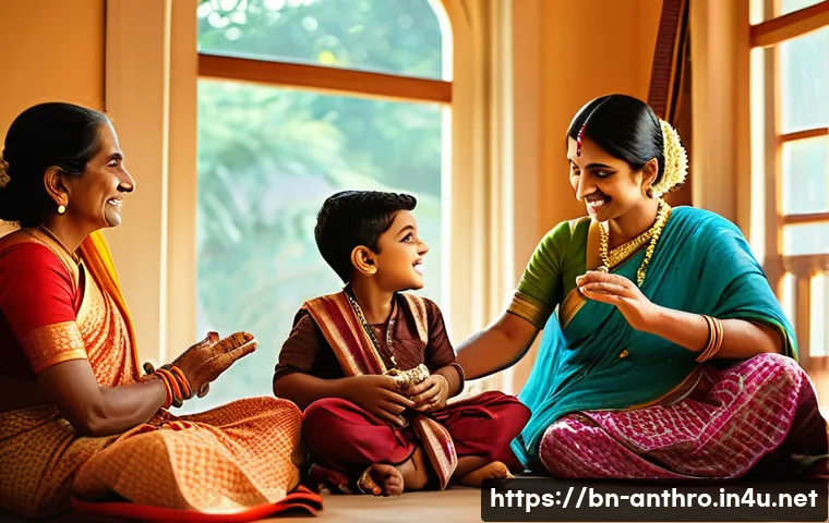 문화적 전통의 변화 - A vibrant traditional Bengali family scene inside a warmly lit home, elders lovingly teaching childr...