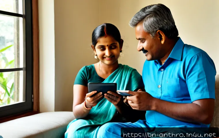 디지털 문화와 사회 - Photorealistic modern Bangladeshi family in a bright living room, three generations using smartphone...
